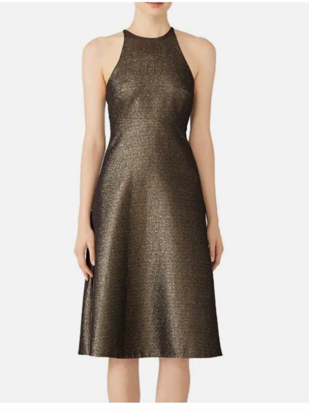 HALSTON HERITAGE (NWT) Gold Glitter Back Bow Midi Cocktail Dress, Size 14
